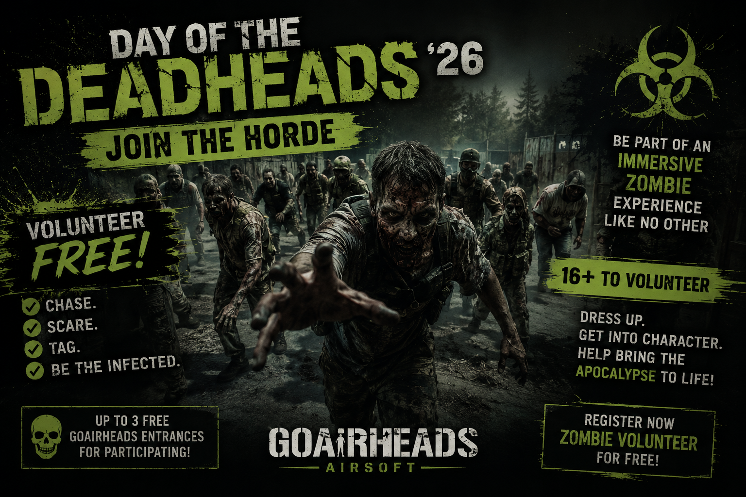 Day of the DeadHeads 2026 at GoAirheads featuring a Human survivor facing a Zombie horde